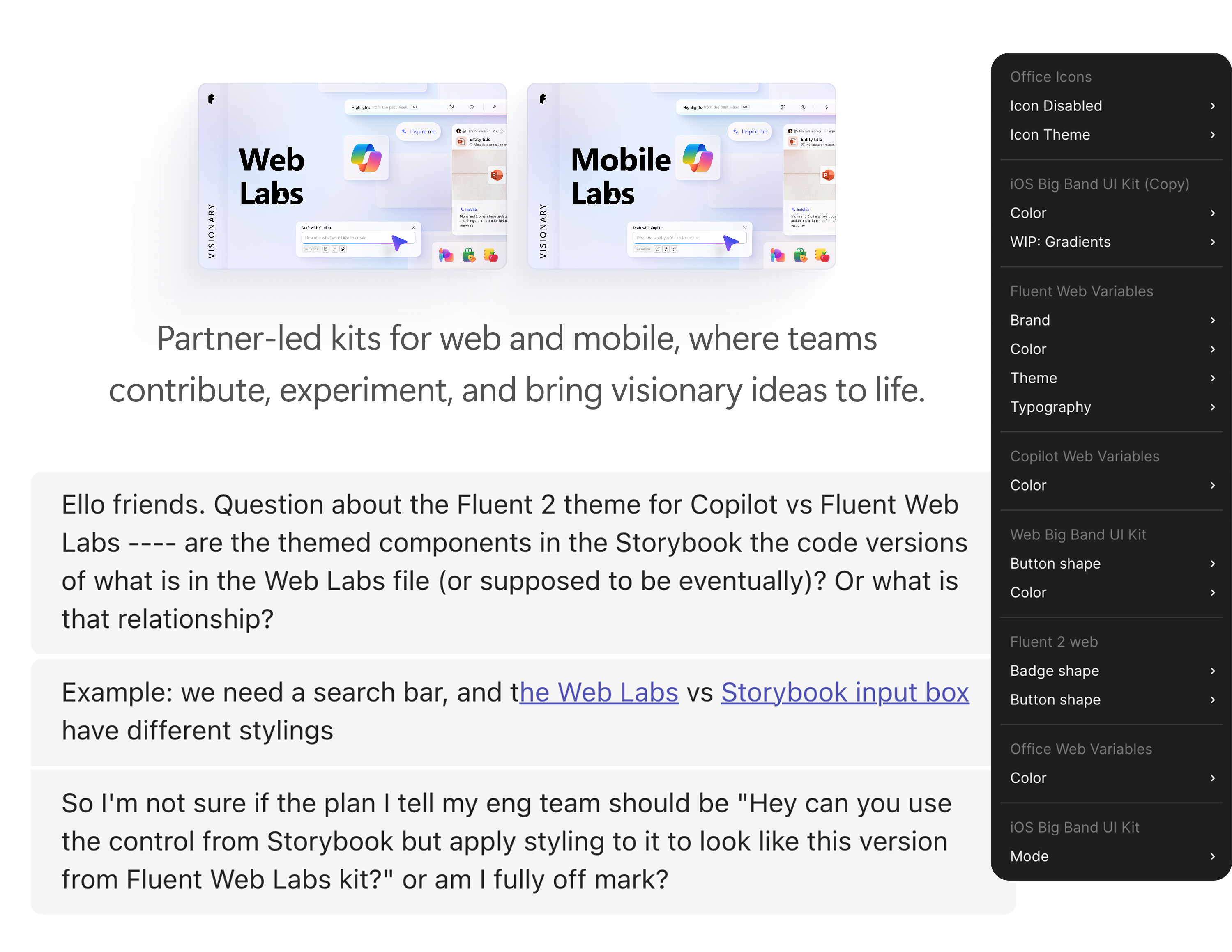 Two-part visual showing the problems: a Teams chat asking what the code story is for the Copilot theme, and a Figma variables panel showing the fragmented before state with duplicated files across teams