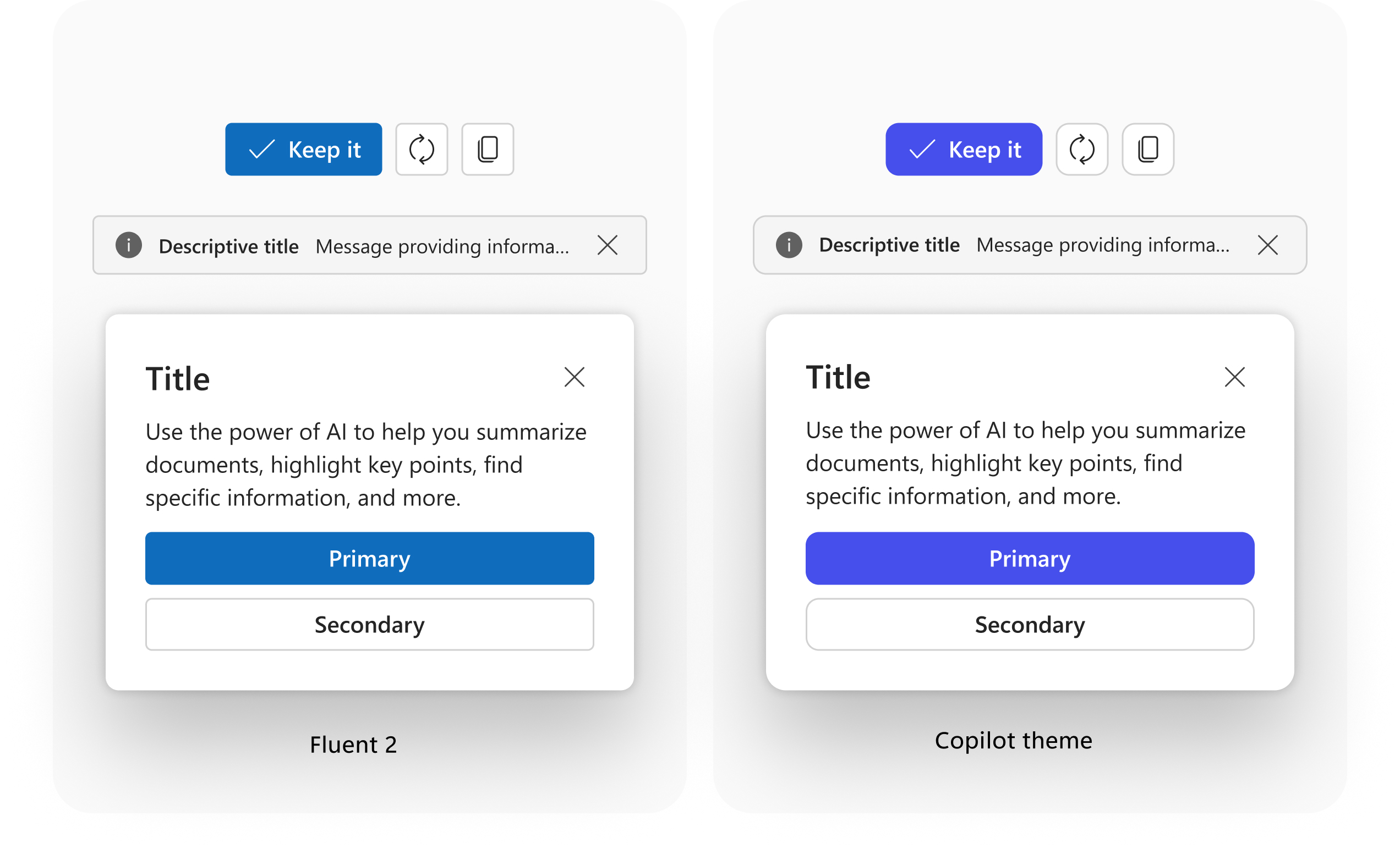 Side-by-side comparison of Fluent 2 and Copilot theme — the same dialog, button group, and message bar showing rounder corners, updated typography, color shift, and increased spacing in the Copilot theme