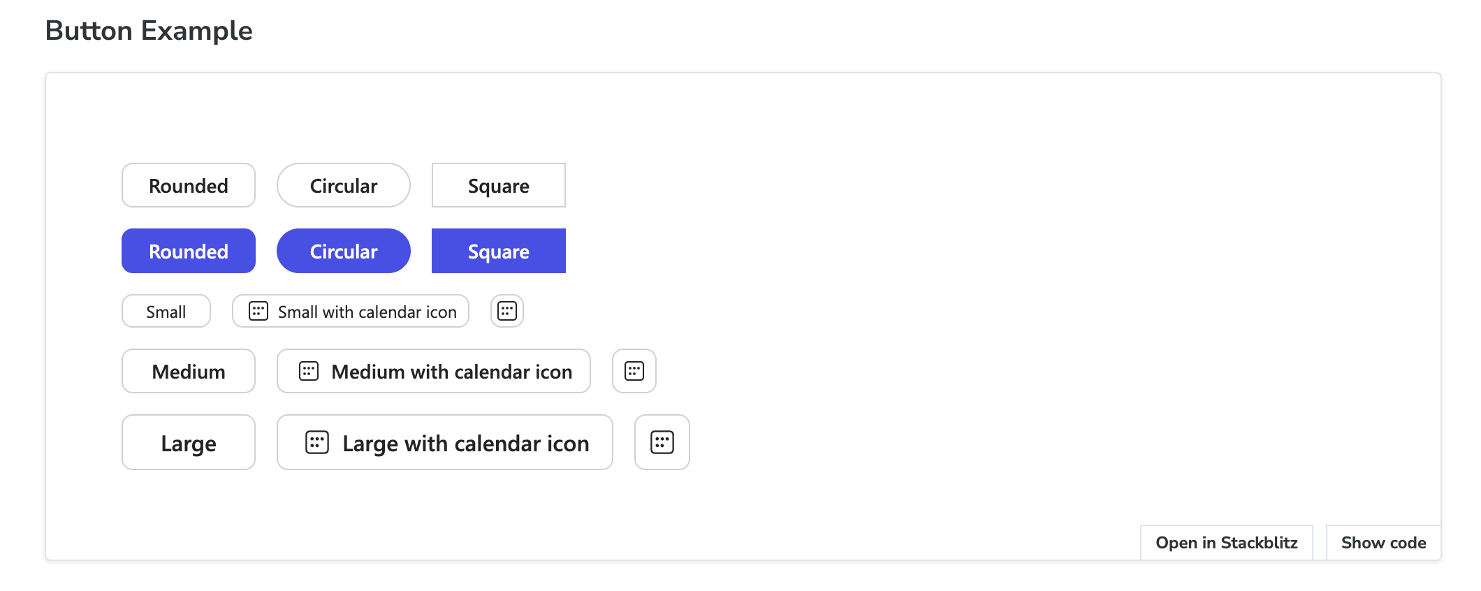 Storybook Button Example — Rounded, Circular, and Square variants at Small, Medium, and Large sizes, rendered in the Copilot theme