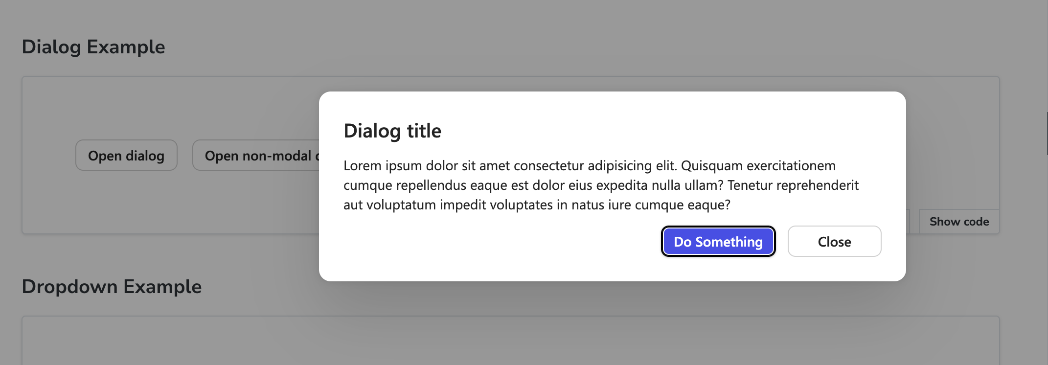 Storybook Dialog Example — modal dialog with rounded corners, Copilot-themed primary button, and body text