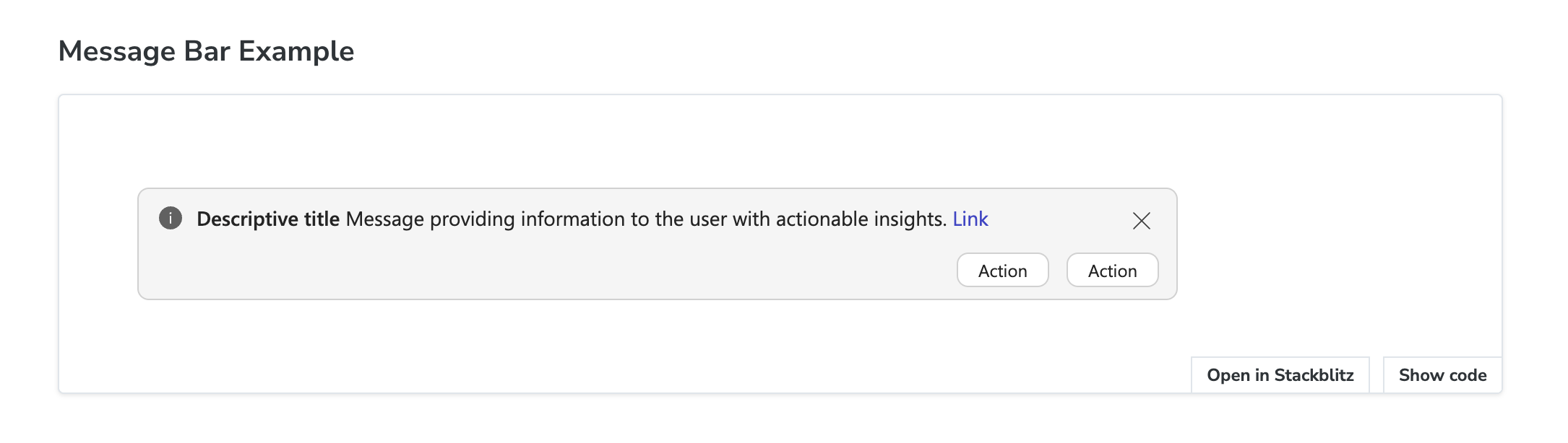 Storybook Message Bar Example — info message bar with rounded corners and action buttons in the Copilot theme