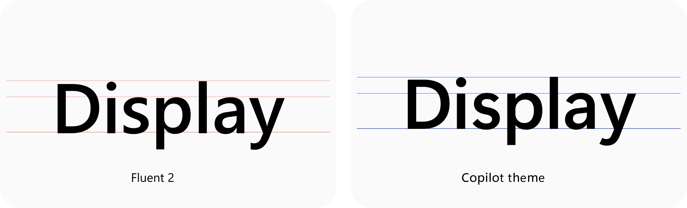 Side by side comparison of Fluent 2 and Copilot typography — Display text showing the difference between Segoe UI and Segoe Sans