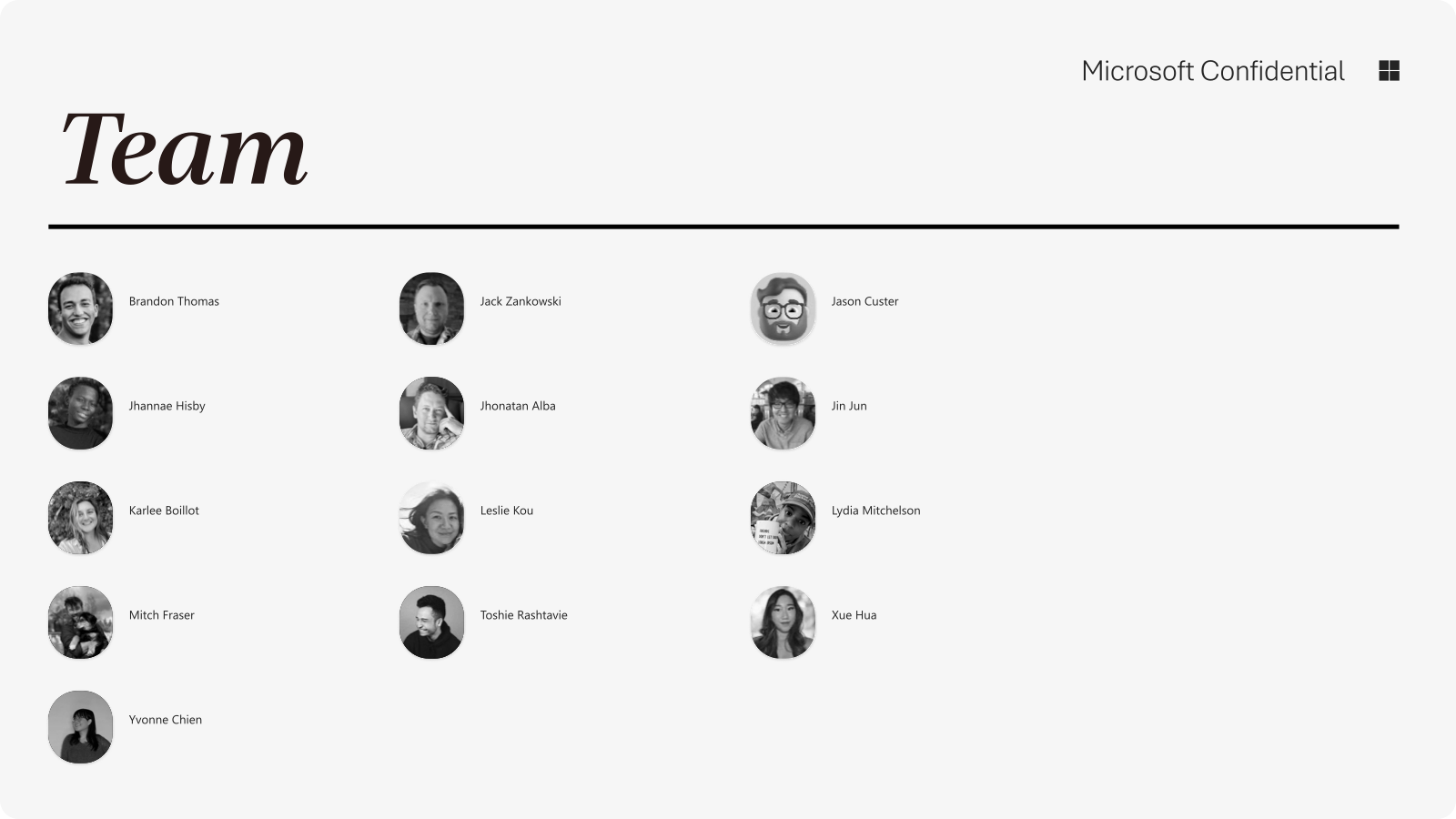 Team slide showing contributors to the project