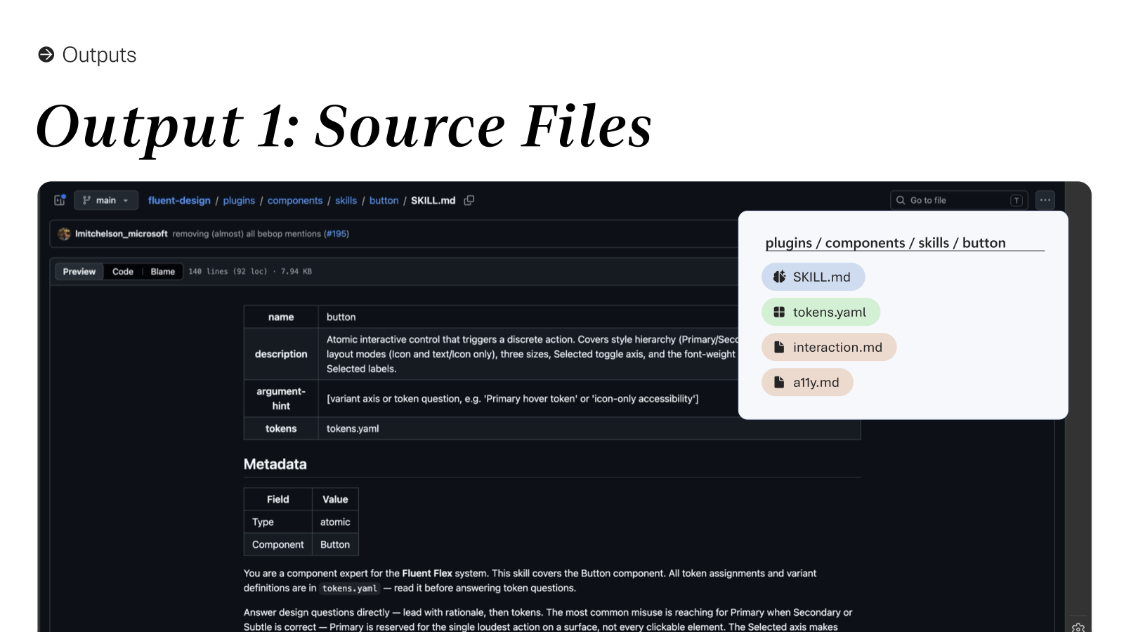 Output 1: Source Files — SKILL.md, tokens.yaml, interaction.md, a11y.md for the button component