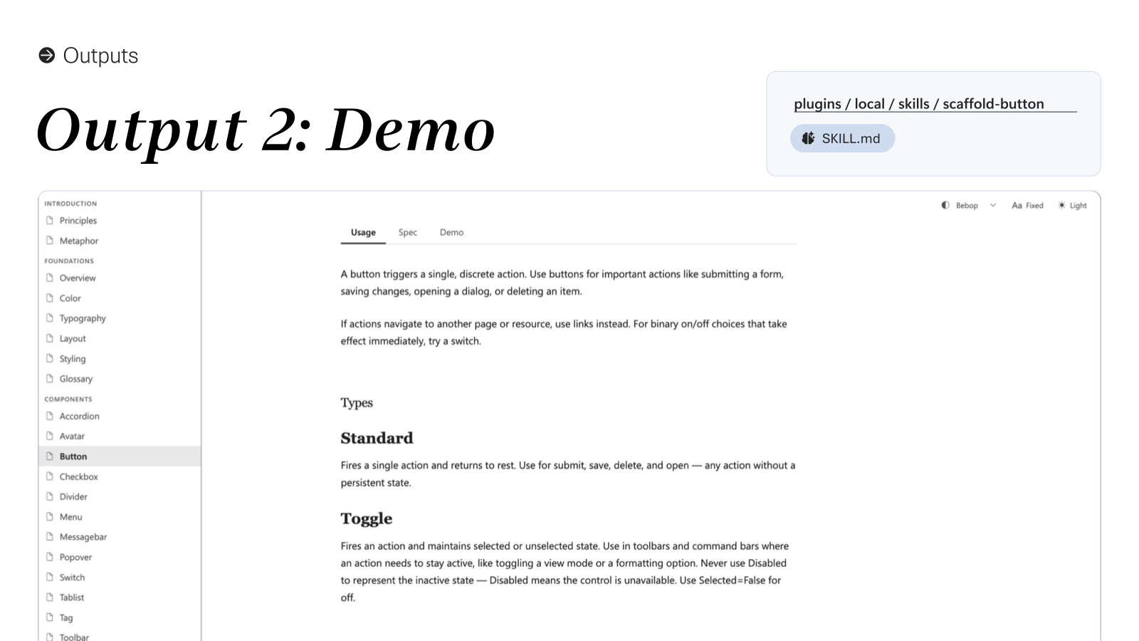 Output 2: Demo — button component documentation site with Usage, Spec, and Demo tabs