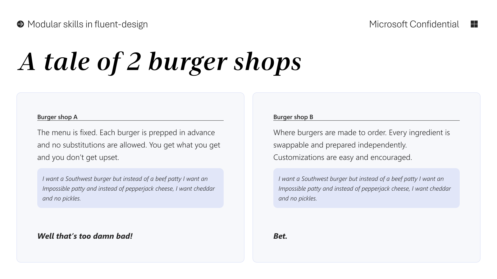 Burger shop A says 'Well that's too damn bad!' — Burger shop B says 'Bet.'