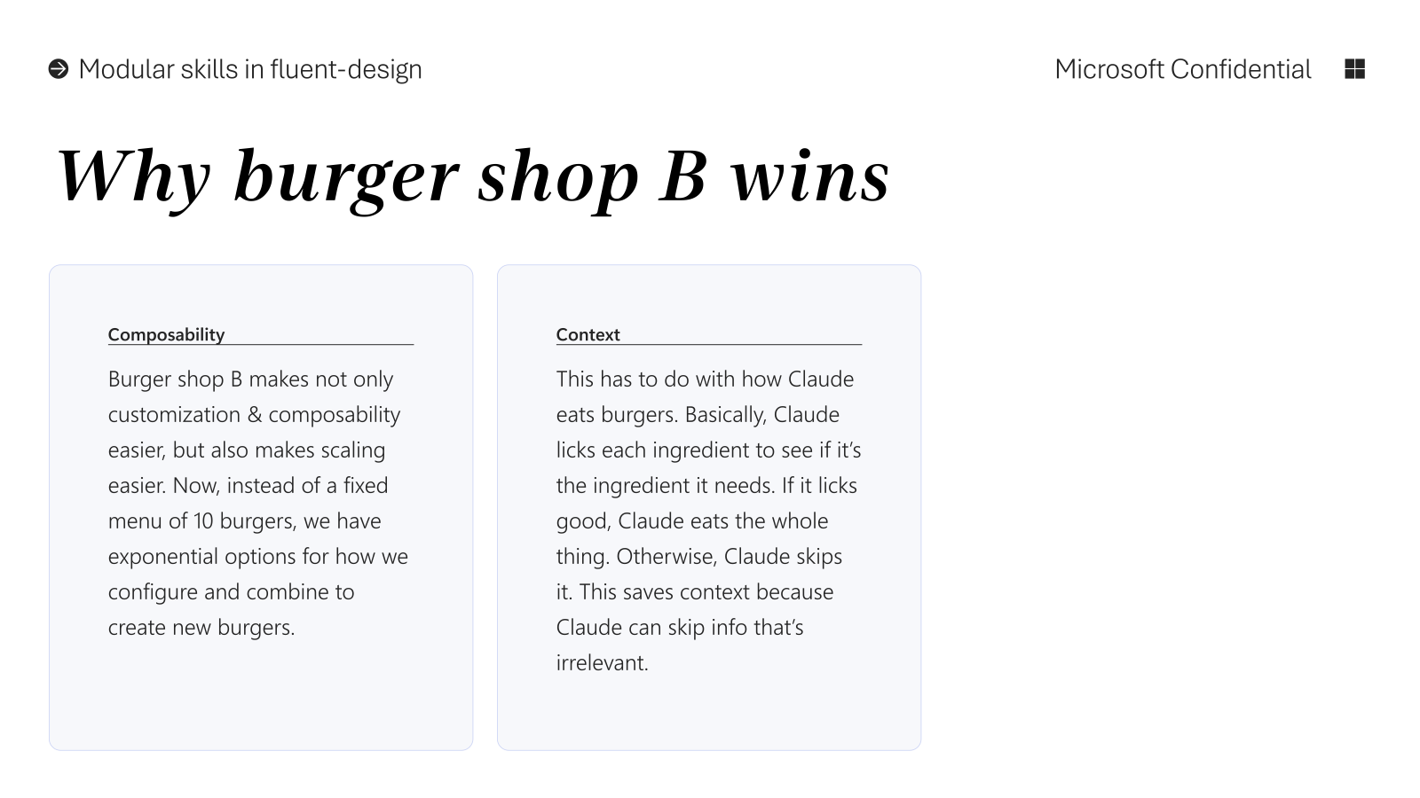 Why burger shop B wins: Composability + Context — how Claude reads modular skills