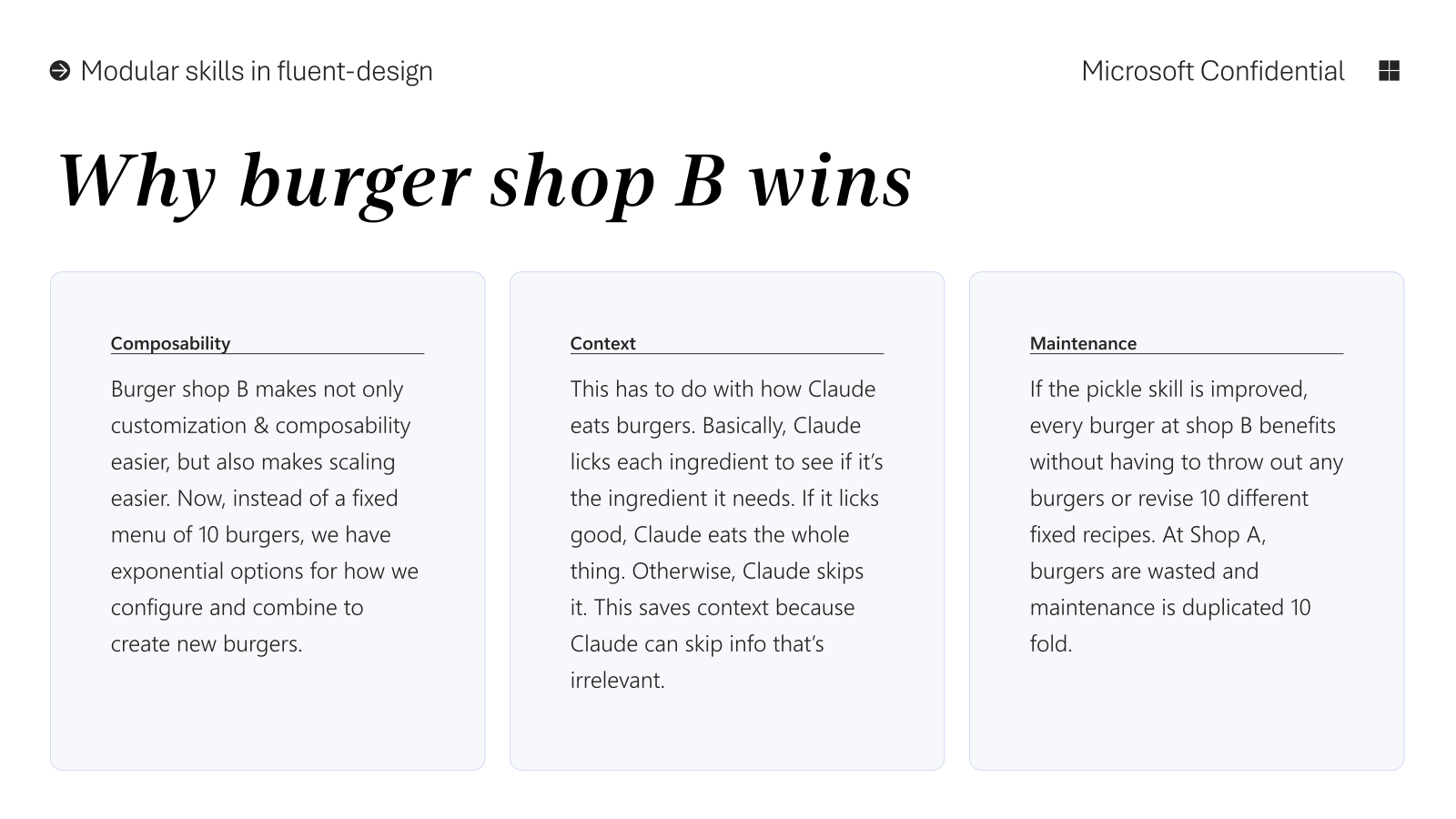 Why burger shop B wins: Composability + Context + Maintenance — updating one skill benefits everything