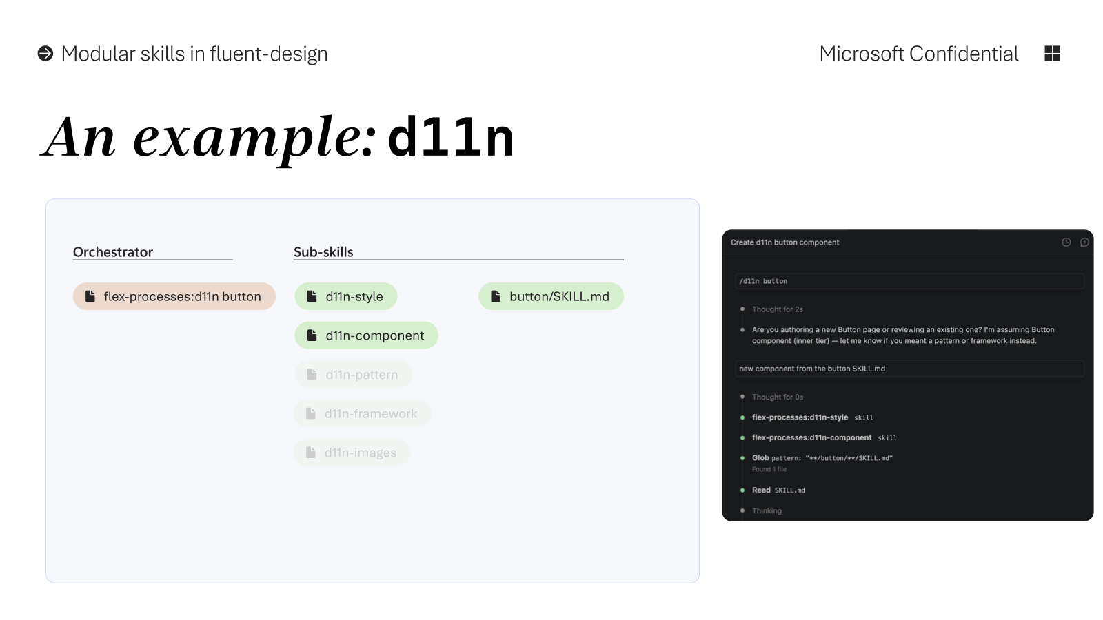 An example: d11n in action — Claude running the flex-processes:d11n button skill
