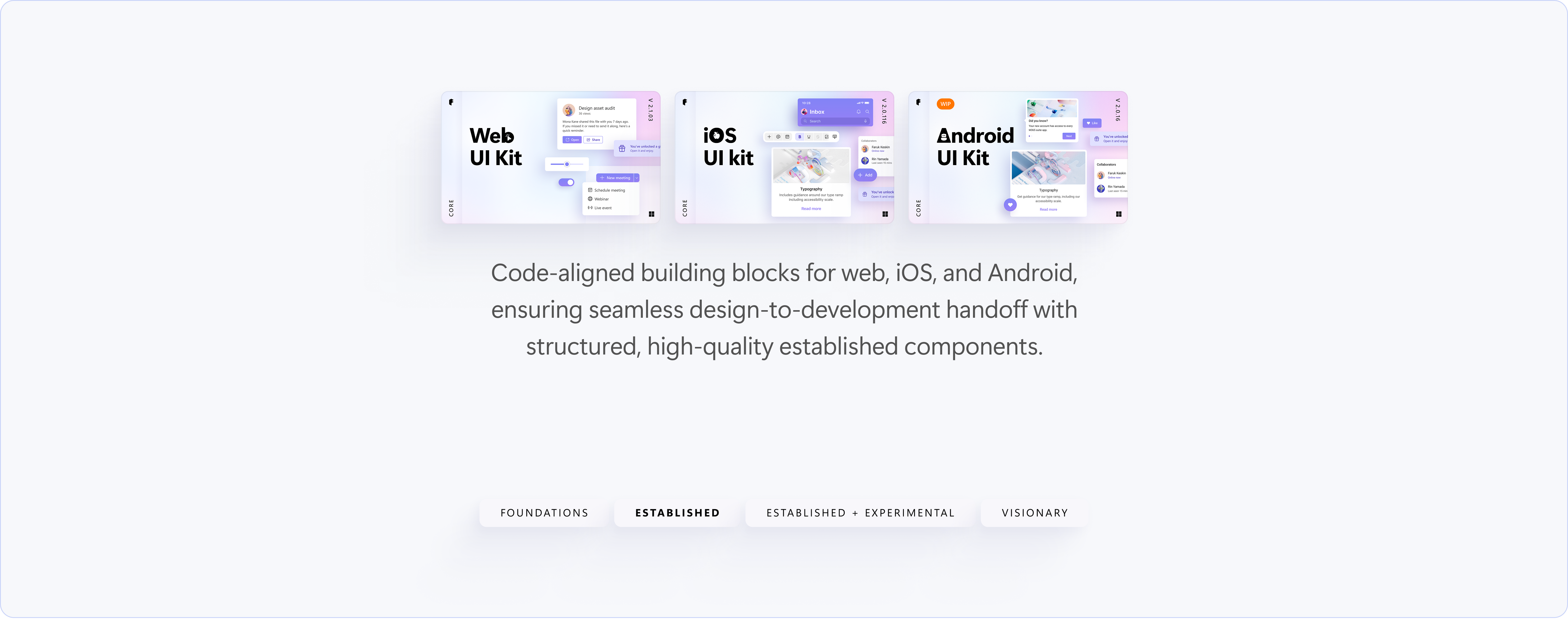 Established + Experimental tier — Copilot UI Kits for Web, iOS, and Android