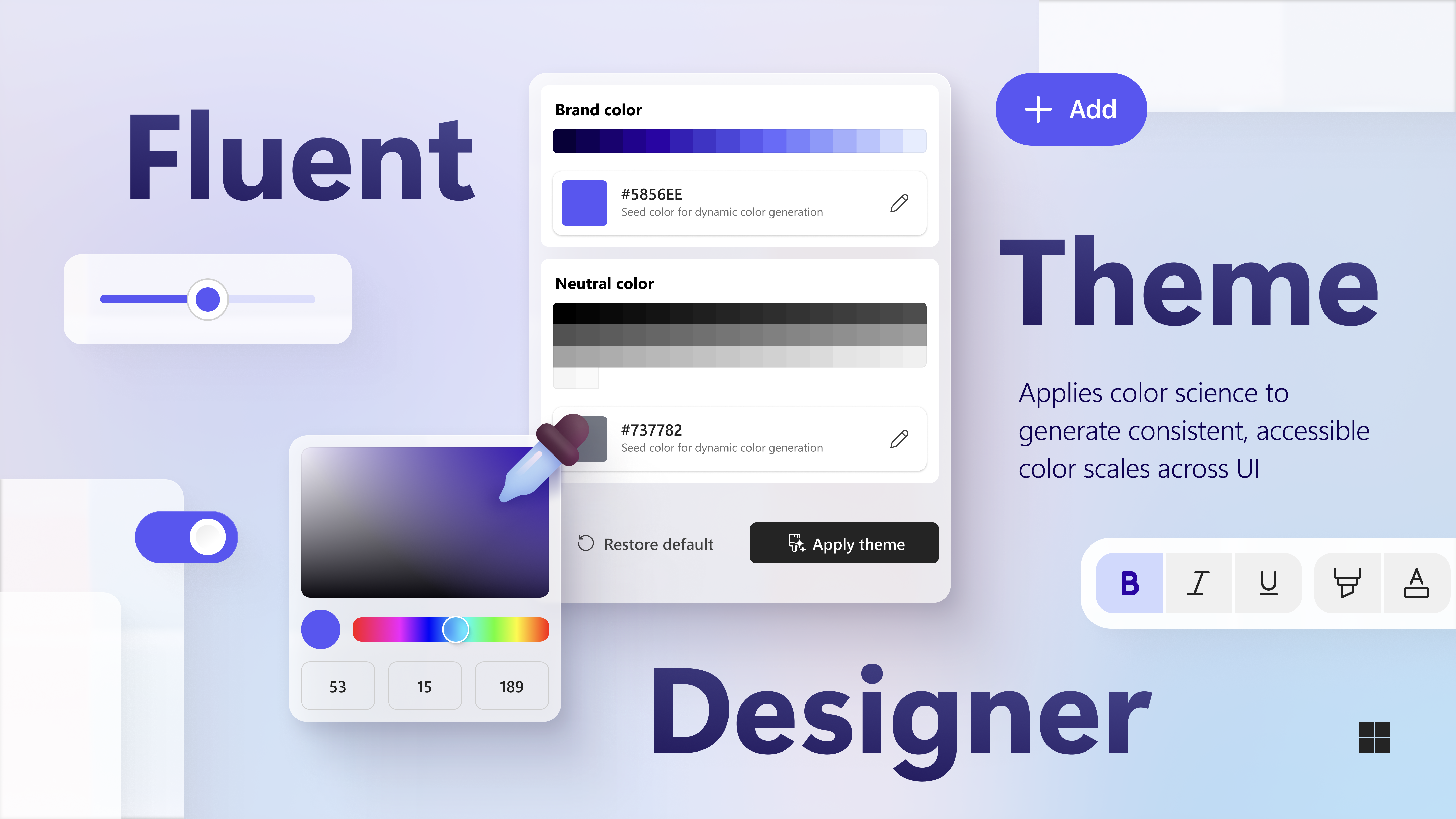Fluent Theme Designer plugin showing brand color and neutral color input fields with Apply theme button and live component previews