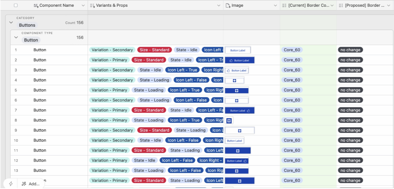 Airtable table mapping Button component instances to semantic variable names across Background, Label, and Border columns with color-coded state coverage