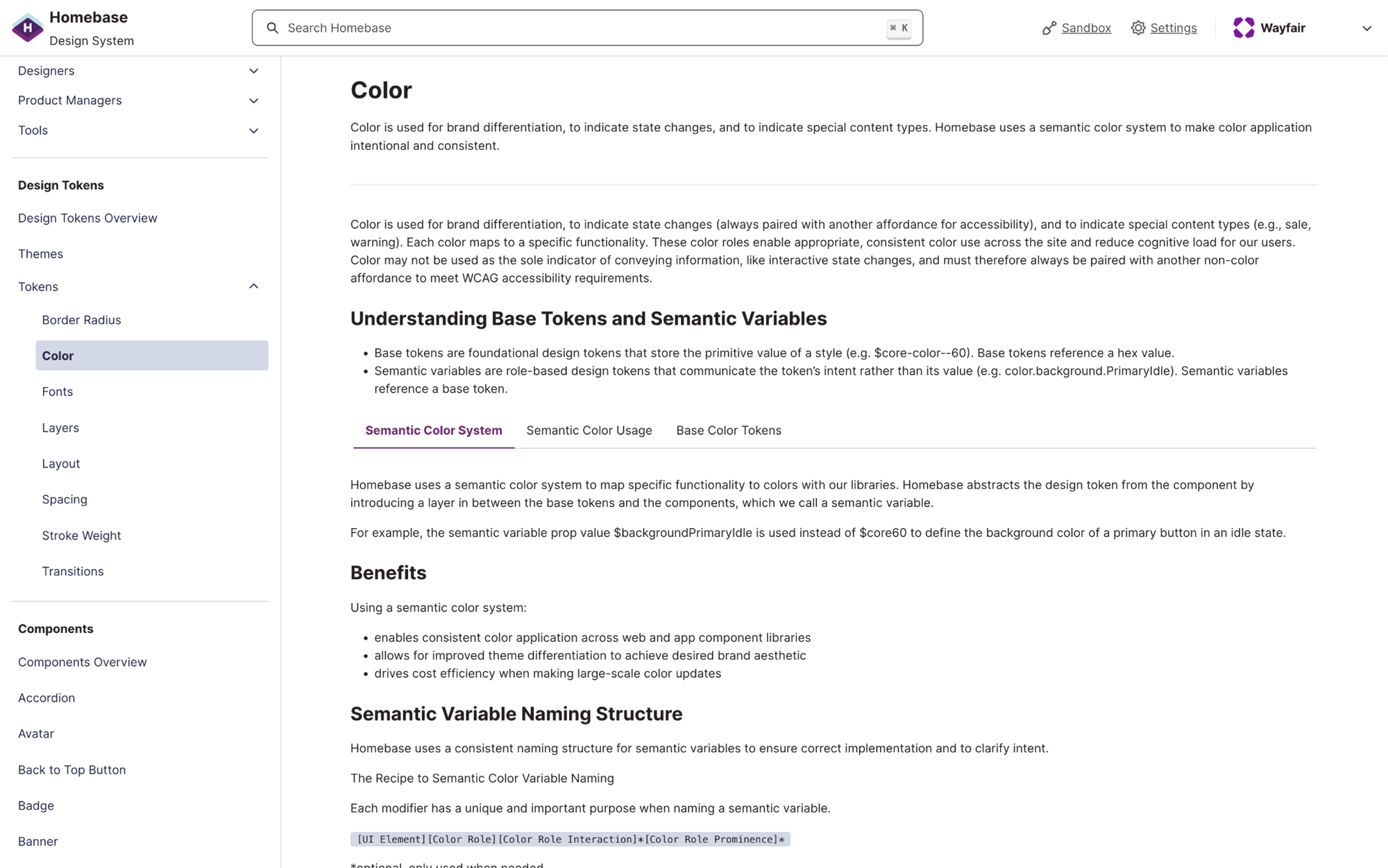 Homebase documentation site showing the Color page with Base Tokens and Semantic Color Variable tabs, written definitions, and usage guidance