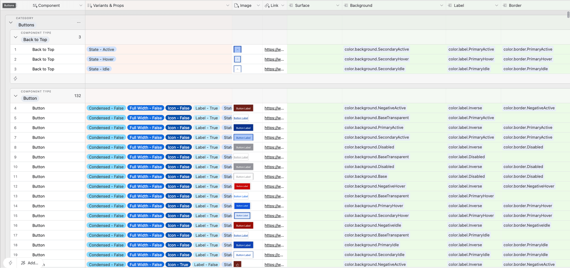 Airtable migration guide with detailed rows for each component variant and state, mapping current tokens to new semantic variable names across Background, Label, and Border