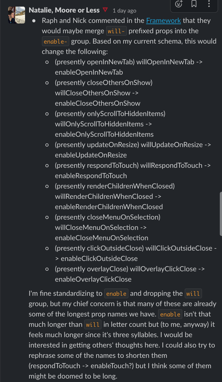Slack thread showing engineer feedback on the enable group and specific prop naming conventions proposed in the framework