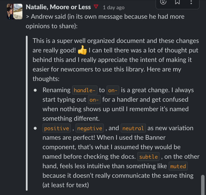 Slack message from Andrew: 'This is a super well organized document and these changes are really good. Renaming handle- to on- is a great change. positive, negative, and neutral as new variation names are perfect — that's what I assumed they would be named before checking the docs.'