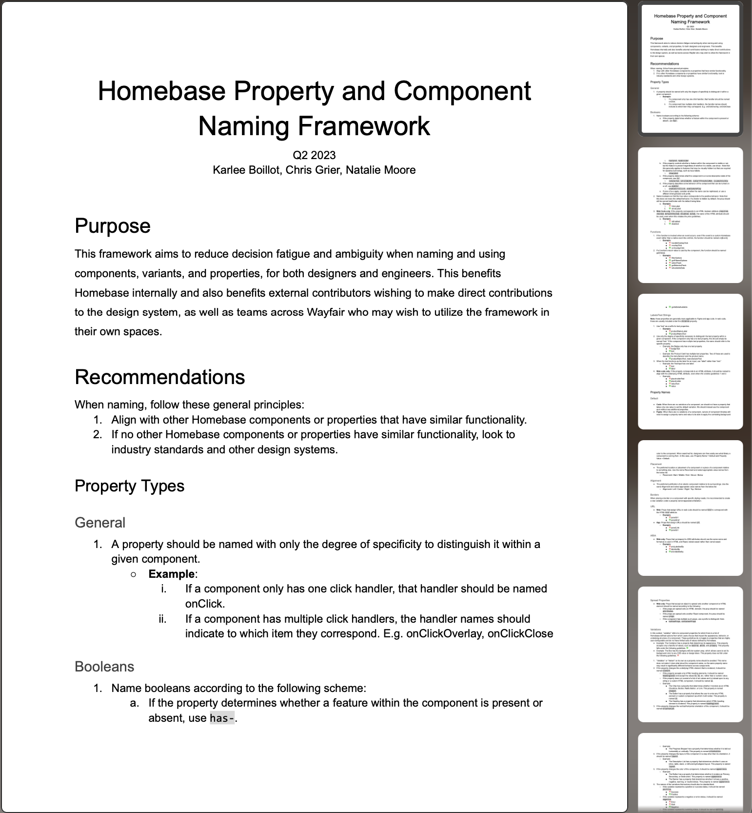 Homebase Property and Component Naming Framework document cover page — Q2 2023, authored by Karlee Boillot, Chris Grier, and Natalie Moore — with visible sections for Purpose, Recommendations, and Property Types