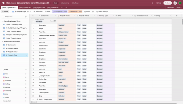 Animated walkthrough of the naming audit process across Homebase components and properties