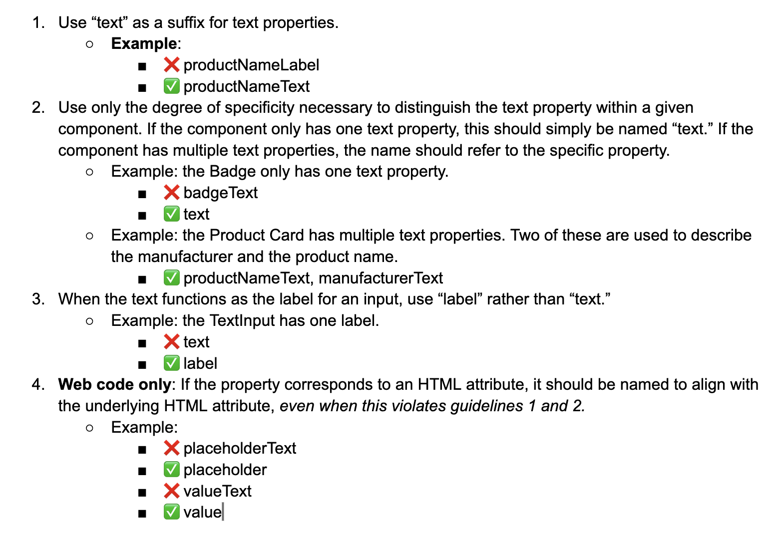 Strings naming guidelines: use 'text' as suffix, distinguish only when multiple text properties exist on a component, use 'label' when functioning as an input label