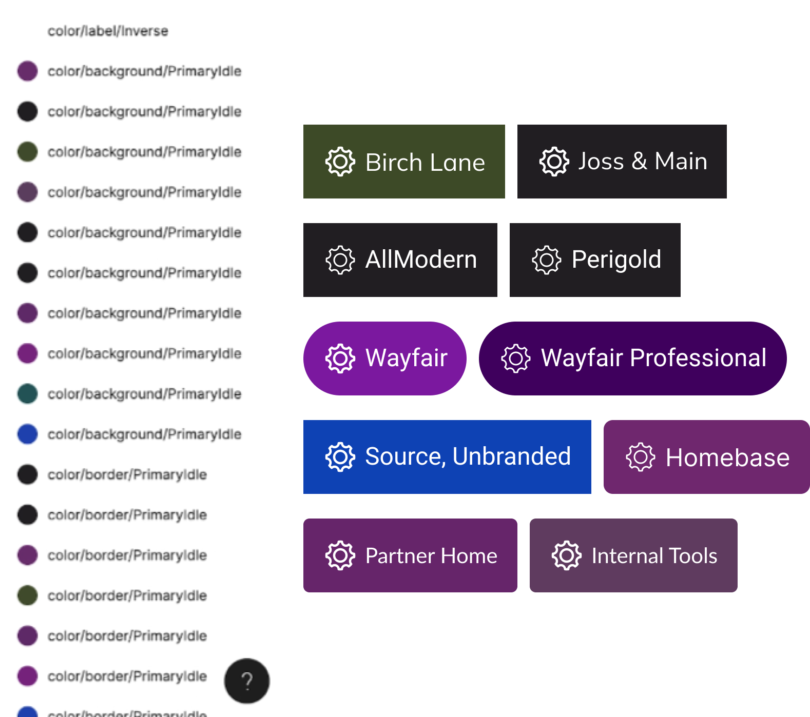 Tokens Studio showing the same semantic variable taxonomy applied across all 8 Homebase themes — each button rendering in its correct brand color