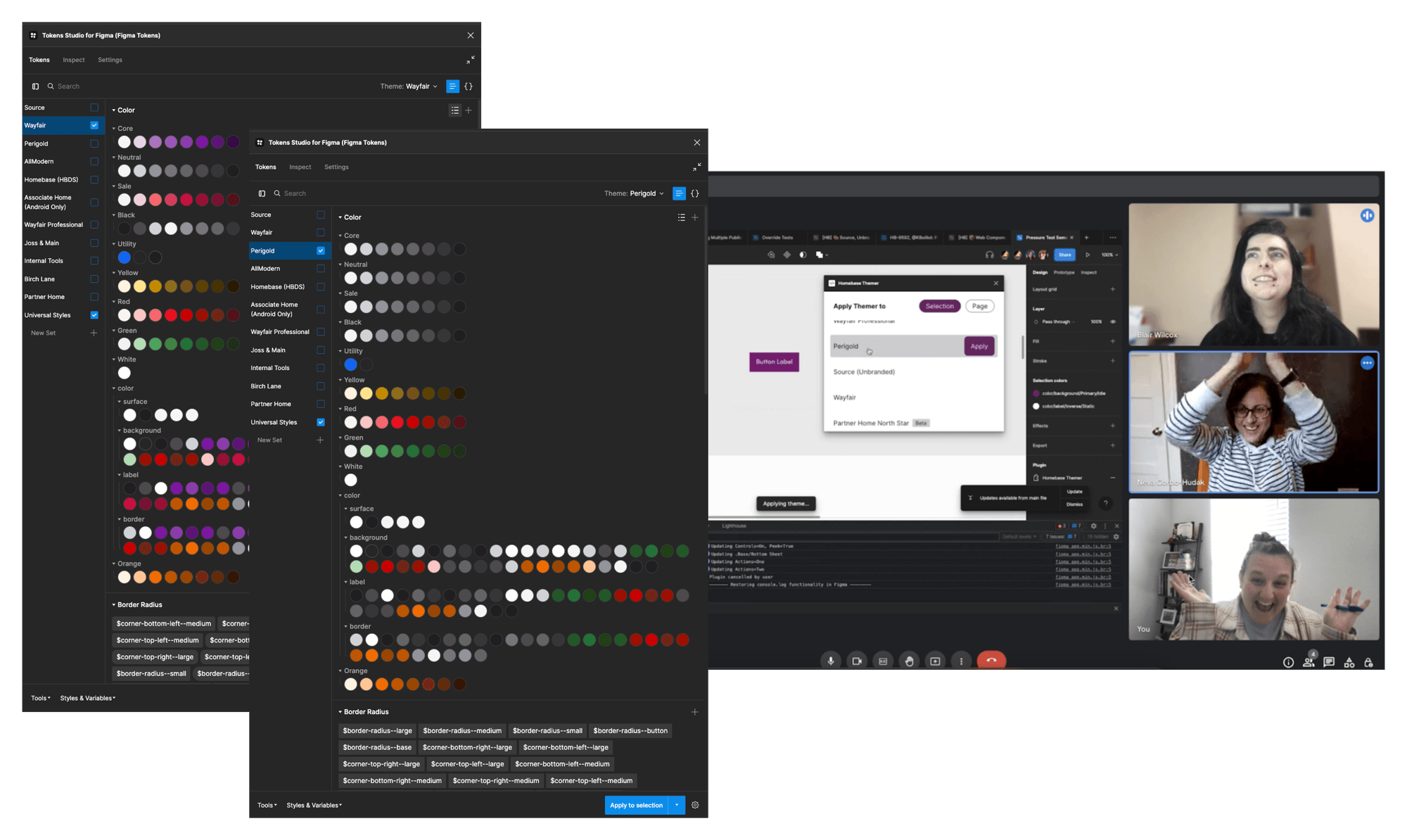 Screenshot of a video call with Figma and Tokens Studio open, showing the full semantic color variable set organized by category across multiple theme columns