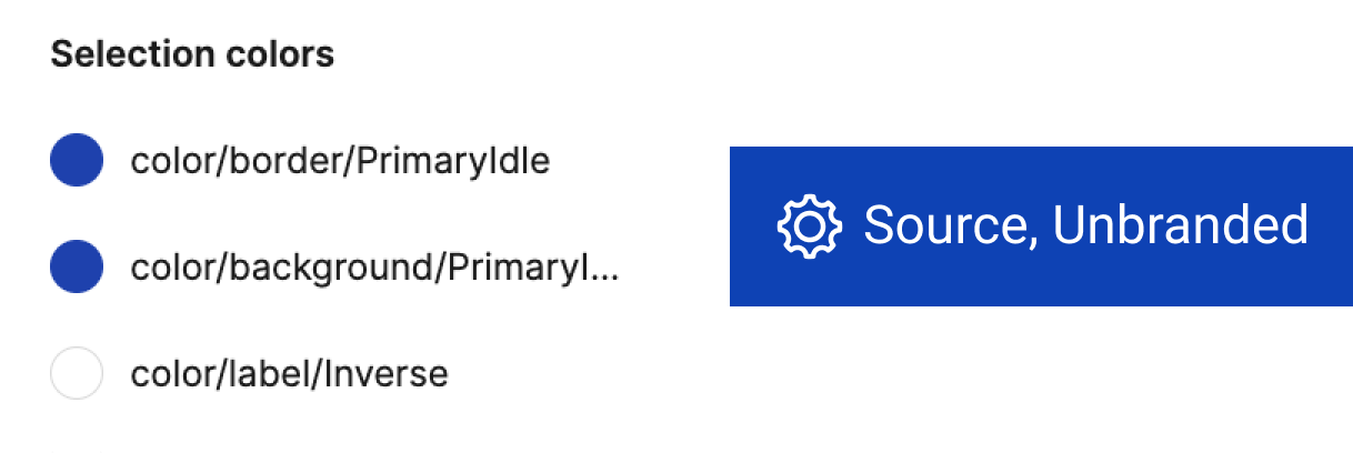Figma selection panel showing semantic variables applied to an unbranded button — color/border/PrimaryIdle, color/background/PrimaryIdle, color/label/Inverse